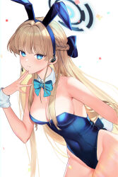1girl animal_ears bare_shoulders black_leotard blonde_hair blue_archive blue_bow blue_eyes blue_halo blue_leotard blush bow bowtie braid breasts byeolgi_eun cleavage confetti detached_collar earpiece fake_animal_ears halo highleg highleg_leotard highres leaning_forward leotard long_hair looking_at_viewer medium_breasts playboy_bunny rabbit_ears rabbit_tail simple_background solo strapless strapless_leotard tail toki_(blue_archive) toki_(bunny)_(blue_archive) very_long_hair white_background wrist_cuffs