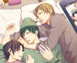 3boys akairo_(chooop) bandaged_fingers bandages black_hair blonde_hair cellphone closed_eyes commentary_request drooling green_hair green_hat green_pajamas grey_hoodie hat hood hood_down hoodie kuroko_no_basuke long_sleeves lying male_focus midorima_shintarou miyaji_kiyoshi multiple_boys nightcap no_eyewear on_back on_side open_mouth pajamas phone pillow short_hair sleeping striped_clothes striped_pajamas sweat takao_kazunari taking_picture vertical-striped_clothes vertical-striped_pajamas