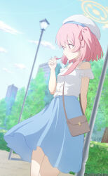 1girl alternate_costume anotherdetteiu arm_behind_back bag beret blue_archive blue_skirt blue_sky blurry blurry_background blush brown_bag casual closed_mouth commentary_request cowboy_shot day dutch_angle feather_hair hair_ribbon halo hand_up handbag hat high-waist_skirt highres looking_down medium_hair off-shoulder_shirt off_shoulder one_side_up outdoors park pink_eyes pink_hair playing_with_own_hair red_ribbon ribbon serina_(blue_archive) shirt short_sleeves skirt sky solo twitter_username white_hat white_shirt yellow_halo