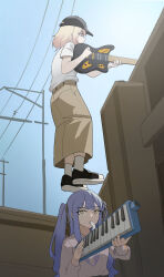 2girls absurdres bang_dream! bang_dream!_it&#039;s_mygo!!!!! baseball_cap black_hat black_ribbon black_shoes blonde_hair blue_hair brown_skirt commentary counter-strike_(series) counter-strike_2 electric_guitar gameplay_mechanics guitar hair_ribbon hat highres holding holding_guitar holding_instrument instrument keyboard_(instrument) long_hair long_sleeves medium_hair misumi_uika multiple_girls olofboost ribbon shirt shoes short_sleeves skirt socks togawa_sakiko two_side_up white_shirt white_socks zaq_(zaqsta)