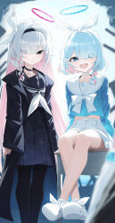 2girls absurdres arona_(blue_archive) black_choker black_pantyhose black_serafuku blue_archive blue_hair blue_shirt blunt_bangs blush bow bowtie choker commentary_request grey_hair hair_over_one_eye halo highres long_hair looking_at_viewer midriff multicolored_hair multiple_girls neckerchief pantyhose pink_hair plana_(blue_archive) pleated_skirt re_naya school_uniform serafuku shirt shoes short_hair sitting skirt smile sneakers straight_hair two-tone_hair very_long_hair white_bow white_bowtie white_choker white_neckerchief white_shoes white_skirt