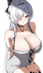 1girl :o absurdres bare_shoulders black_choker breasts cellphone choker cinderella_(beautiful_me)_(nikke) cinderella_(nikke) cleavage collarbone commentary dress eyewear_hang goddess_of_victory:_nikke gold_necklace hair_over_one_eye heart heart_necklace highres holding holding_phone jewelry large_breasts long_hair murding necklace off-shoulder_dress off_shoulder official_alternate_costume phone red_eyes short_dress simple_background sitting smartphone solo sunglasses thighs tight_clothes tight_dress unworn_eyewear very_long_hair white_background white_dress white_hair
