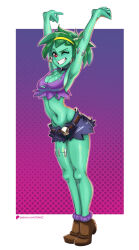 absurdres armpits arms_up bare_shoulders belt breasts choker cleavage colored_skin daferq earrings green_hair green_skin hair_ornament hairband highres hip_bones jewelry large_breasts navel one_eye_closed open_mouth purple_socks red_eyes rottytops shantae_(series) short_hair short_shorts shorts skull_earrings smile socks stitched_arm stitched_leg stitches tank_top teeth thighs yellow_hairband zombie