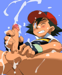 1boy ash_ketchum black_hair blush bottomless boxer cum cum_on_body ejaculation erection hat male_focus masturbation nintendo penis pokemon pokemon_(anime) shota simple_background solo spread_legs underwear westone wince