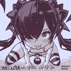 1girl ;p all_fours backbeako_(torotei) backbeard blue_background blue_theme blush bow bow_bra bra breasts closed_mouth collarbone commentary dated dated_commentary gegege_no_kitarou hair_over_one_eye hair_ribbon kono_lolicon_domome long_hair looking_at_viewer monochrome one_eye_closed original paid_reward_available petite pointy_ears ribbon simple_background small_breasts smile solo striped_clothes striped_thighhighs thighhighs tongue tongue_out torotei translated twintails underwear very_long_hair watermark web_address