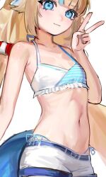 Rule 34 | 1girl, bikini, blonde hair, blue bikini, blue eyes, blue hair, blue streaks, close-up, commentary, cowboy shot, cropped, english commentary, fins, fish girl, fish tail, hand up, head tilt, highleg, highleg bikini, highres, indie virtual youtuber, lifebuoy, lifebuoy hair ornament, light smile, long hair, looking at viewer, low twintails, mae algae, multicolored hair, navel, sameko saba, short shorts, shorts, simple background, solo, stomach focus, streaked hair, striped bikini, striped clothes, swim ring, swimsuit, tail, twintails, v, very long hair, virtual youtuber, white background, white bikini, white shorts