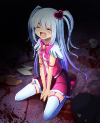 1girl arm_behind_back arm_tattoo asymmetrical_hair blonde_hair blood blood_splatter blush bow bowtie child corpse crying dark_background death fang full_body hair_ornament heart heart_hair_ornament highres lobotomy_corporation long_hair magical_girl on_ground open_mouth own_hands_together pink_bow pink_neckwear pink_shoes pink_skirt pink_vest project_moon queen_of_hatred raised_eyebrows sad shoes sidelocks sitting skin_tight skirt solo_focus straight_hair streaming_tears striped_clothes striped_skirt tattoo tears thighhighs two_side_up v_arms vertical-striped_clothes vertical-striped_skirt very_long_hair vest wand white_thighhighs z.o.b zettai_ryouiki