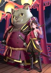 1girl :3 absurdres alternate_costume architecture armor benikurage_(cookie) black_footwear black_shorts boots bow breasts brown_hair cat chest_sarashi closed_mouth commentary_request cookie_(touhou) dou east_asian_architecture frilled_bow frilled_hair_tubes frills full_body geta hadanugi_dousa hair_bow hair_tubes hakurei_reimu head_tilt highres hip_vent holding holding_sword holding_weapon japanese_armor japanese_clothes kimono lantern looking_at_viewer manatsu_no_yo_no_inmu miura_cat nekokatana_catana night open_clothes open_kimono orange_eyes outdoors paper_lantern parted_bangs railing red_bow red_shirt sarashi sash sheath sheathed shirt short_hair shorts small_breasts solo standing sword touhou weapon wooden_floor yellow_sash