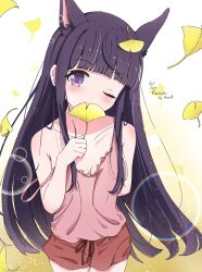 1girl animal_ears blunt_bangs covered_mouth dog_ears dog_girl extra_ears foolforpriconne highres kasumi_(princess_connect!) long_hair looking_at_viewer one_eye_closed princess_connect! purple_eyes purple_hair shorts singlet solo very_long_hair