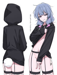 Rule 34 | 1girl, absurdres, black garter straps, black hoodie, blue eyes, blue hair, bottomless, bright pupils, channel (caststation), clothes lift, commentary, covering crotch, covering privates, cowboy shot, fake tail, fingernails, fishnet thighhighs, fishnets, from behind, garter straps, gradient hair, hands in pocket, hatsune miku, highres, hood, hood down, hood up, hoodie, hoodie lift, lifting own clothes, looking at viewer, mask, mask lift, mask pull, mouth mask, multicolored hair, multiple views, navel, navel piercing, piercing, pink hair, pink nails, pink pupils, price tag, rabbit hole (vocaloid), rabbit tail, short hair, simple background, smile, stomach, tail, thighhighs, translated, two-tone hair, v, vocaloid, white background, white mask