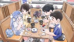 2boys 2girls backpack bag black_hair blue_bag blue_hair blue_shirt brown_hair chopsticks eating food holding holding_chopsticks indoors long_hair multiple_boys multiple_girls original restaurant shirt shoes short_hair sitting sora_(wolrero) sushi table white_shirt white_shoes wolrero yellow_shirt