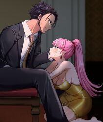 1boy 1girl absurdres after_fellatio alternate_costume black_hair breasts brown_necktie claude_von_riegan claude_von_riegan_(timeskip) cleavage closed_mouth contemporary cum cum_on_body dark-skinned_male dark_skin dress earrings facial fire_emblem fire_emblem:_three_houses formal_clothes from_side gold_dress green_eyes hand_on_another&#039;s_face hetero highres hilda_valentine_goneril hilda_valentine_goneril_(timeskip) indoors jewelry large_breasts long_hair looking_at_another matching_hair/eyes necktie nintendo pink_eyes pink_hair ponytail profile shirt short_hair sitting sleeveless sleeveless_dress smile suit tara_(szzj7733) white_shirt