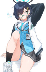1girl absurdres ass black_hair black_skirt black_socks blue_archive blue_necktie blue_panties blue_vest blush breasts chihiro_(blue_archive) closed_mouth collared_shirt glasses green-framed_eyewear green_eyes hair_ornament halo highres isocha jacket long_sleeves medium_breasts necktie open_clothes open_jacket panties pleated_skirt shirt shoes short_hair simple_background skirt socks solo underwear vest white_background white_jacket white_shirt white_shoes