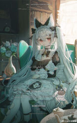 1girl absurdres animal_ear_fluff animal_ears apron black_bow black_dress book bookshelf bow bowtie breasts chair clock curtains dress feet_out_of_frame finger_to_mouth flower frills hair_between_eyes hair_bow hair_ornament highres indoors juliet_sleeves long_hair long_sleeves looking_at_viewer maid original pantyhose puffy_sleeves red_eyes rose shushing sitting solo tail twintails vase very_long_hair white_apron white_flower white_hair white_pantyhose white_rose window youzha_xian_quanquan