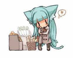 animal_ears blush boots bow bread cat_ears chibi denkishi dress food fruit green_hair long_hair lowres orange_(fruit) radish