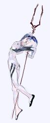 1girl artist_name ayanami_rei bident blue_hair bodysuit full_body highres lance_of_longinus_(evangelion) looking_at_viewer mecha_pilot_suit neon_genesis_evangelion plugsuit_(evangelion) polearm red_eyes short_hair simple_background solo ueno_zousui weapon white_background white_bodysuit