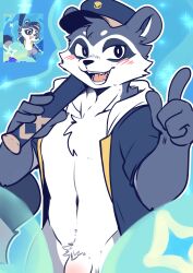1boy absurdres animal_ears baseball_bat baseball_cap black_hat blush chinese_commentary commentary_request fangs flaccid furry furry_male galactic_baseballer_(honkai:_star_rail) hat highres holding holding_baseball_bat honkai:_star_rail honkai_(series) hood hood_down hooded_jacket index_finger_raised jacket looking_at_viewer male_focus navel open_clothes open_jacket open_mouth penis raccoon_boy raccoon_ears raccoon_tail reference_inset sakusaya tail toned toned_male