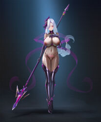 1girl absurdres alternate_costume bar_censor black_boots bodysuit boots braid breasts censored chinese_commentary collarbone commentary_request corruption covered_navel dark_persona elbow_gloves full_body genshin_impact gloves hair_over_one_eye hand_on_own_chest heart heart_tattoo highres holding holding_polearm holding_weapon huge_breasts impossible_bodysuit impossible_clothes jewelry long_hair looking_at_viewer navel nipples polearm pubic_tattoo purple_eyes revealing_clothes ring see-through_bodysuit see-through_clothes shenhe_(genshin_impact) single_braid sky_wbo solo tattoo thigh_boots underwear variant_set very_long_hair weapon wedding_ring white_hair