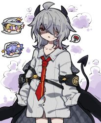 Rule 34 | 1girl, ?, aged down, armband, black armband, black tail, cantarella (wuthering waves), chest harness, collarbone, commentary, cowboy shot, demon tail, grey hair, harness, hashtag-only commentary, highres, loose clothes, multicolored hair, necktie, partially shaded face, phoebe (wuthering waves), red necktie, shirt, solo, spoken question mark, streaked hair, tail, white shirt, wuthering waves, zani (wuthering waves), zunusama