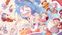 6+girls :d ^_^ ahoge aki_minoriko aki_shizuha animal_ears apron autumn_leaves bandages black_skirt blonde_hair blue_hair blush blush_stickers bow bowl bun_cover chain chibi chopsticks closed_eyes commentary_request corn crab cuffs dango drawstring eating fang fang_out flower food food_in_mouth fruit grapes hair_bow hair_ornament hair_ribbon hand_fan happy_tears hat headscarf highres hitodama holding holding_chopsticks hood hoodie huge_filesize ibaraki_kasen japanese_clothes joyfull_(terrace) kimono kine leaf long_hair long_sleeves mallet meat miyako_yoshika multiple_girls mystia_lorelei ofuda okamisty open_mouth paper_fan pink_hair plate purple_hair rabbit_ears ribbon rice rice_bowl ringo_(touhou) rumia saigyouji_yuyuko sanshoku_dango seiran_(touhou) shackles shoes skewer skirt smile socks sparkle sukuna_shinmyoumaru sushi tabard tears tongue tongue_out touhou triangular_headpiece uchiwa wagashi wings yorigami_shion