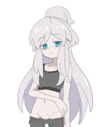 1girl bike_shorts blue_eyes breasts colored_eyelashes deux_murasame flat_chest freckles grey_hair gundam gundam_gquuuuuux hair_bun long_hair lowres nyaru_(nyaru_4126) purple_pupils simple_background small_breasts solo updo white_background white_eyelashes white_hair