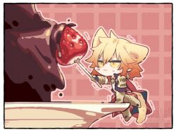 1boy animal_ears armlet armored_boots black_coat blonde_hair boots braid cape cat_boy cat_ears cat_tail chest_tattoo chibi chibi_only chocolate_fountain coat commentary_request earrings extra_ears facial_tattoo food fruit gold_earrings gold_necklace gradient_hair hair_between_eyes holding holding_food honkai:_star_rail honkai_(series) jewelry lay0x0 male_focus medium_hair multicolored_hair mydei_(honkai:_star_rail) necklace open_clothes open_coat red_cape red_hair red_tattoo side_braid solo strawberry sweatdrop tail tattoo yellow_eyes