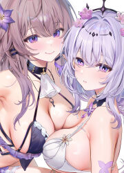 2girls armpit_crease ascot bare_shoulders bikini black_tiara blush breast_press breasts brown_hair butterfly_earrings castorice_(honkai:_star_rail) closed_mouth collarbone commentary cropped earrings flower hair_flower hair_intakes hair_ornament herta_(honkai:_star_rail) highres honkai:_star_rail honkai_(series) jewelry key key_necklace large_breasts long_hair looking_at_viewer machi_(machi0910) multiple_girls necklace parted_lips pink_flower pointy_ears purple_eyes purple_flower purple_hair smile swimsuit symmetrical_docking the_herta_(honkai:_star_rail) tiara twitter_username white_ascot white_background
