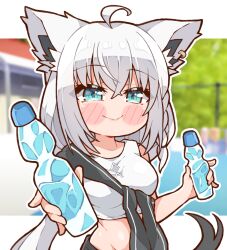 1girl ahoge animal_ear_piercing animal_ears blue_eyes bottle braid breasts closed_mouth cropped_shirt fox_ears fox_girl fox_tail hair_between_eyes highres holding holding_bottle hololive kukie-nyan long_hair looking_at_viewer medium_breasts medium_hair ramune shirakami_fubuki shirt sidelocks sleeveless sleeveless_shirt solo tail virtual_youtuber white_hair white_shirt