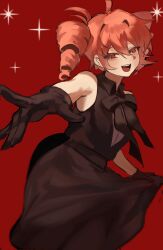 0916psy 1girl absurdres ahoge alternate_costume black_dress black_gloves black_ribbon cowboy_shot dress drill_hair encore_dance_(synthesizer_v) gloves hair_between_eyes highres kasane_teto neck_ribbon outstretched_arm red_background red_eyes ribbon skirt_hold sleeveless sleeveless_dress solo star_(symbol) teeth twin_drills upper_teeth_only utau