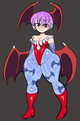 1girl 2024 animal_print arms_behind_back bat_print bat_wings blue_pantyhose blush boots breasts bridal_gauntlets capcom cleavage clothing_cutout collarbone commentary darkstalkers demon_girl diamond_cutout embarrassed english_commentary eyebrows_hidden_by_hair flat_chest frown fur-trimmed_leotard fur_trim grey_background hair_between_eyes head_wings high_heel_boots high_heels highleg highleg_leotard highres large_breasts legs_apart lemonadepikachu leotard lilith_(darkstalkers) looking_at_viewer low_wings nose_blush pantyhose purple_hair purple_sleeves red_boots red_eyes red_leotard short_hair simple_background standing straight-on thick_thighs thighs toon_(style) wings