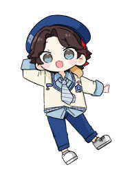 1boy :d arm_behind_head arm_up beret blue_eyes blue_hat blue_pants blue_shirt blush_stickers brown_hair brown_sweater chibi collared_shirt commentary diagonal-striped_clothes diagonal-striped_necktie dress_shirt full_body grey_necktie hat highres looking_at_viewer male_focus necktie nijisanji nozo_(hitomiz) open_mouth pants parted_bangs saegusa_akina shirt shorts simple_background smile solo striped_clothes sweater virtual_youtuber white_background white_shorts