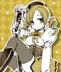 1girl argyle_background beret blonde_hair closed_mouth drill_hair fingerless_gloves gloves gun hat juliet_sleeves long_sleeves looking_at_viewer magical_girl magical_musket mahou_shoujo_madoka_magica monochrome puffy_sleeves smile solo thighhighs tomoe_mami twin_drills weapon yoya_torisan
