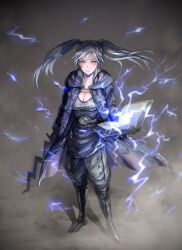 1girl black_boots black_robe blush book boots breasts cleavage closed_mouth electricity electrokinesis female_robin_(fire_emblem) fire_emblem fire_emblem_awakening full_body highres holding holding_book hooded_robe knee_boots long_hair long_sleeves looking_at_viewer nintendo open_book open_clothes open_robe pants robe shirt solo standing t_misaomaru twintails white_hair white_pants white_shirt