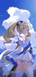 1girl absurdres ass backlighting bare_shoulders black_bow blonde_hair blue_bow blue_sky blush bow breasts chinese_commentary closed_mouth cloud commentary cowboy_shot cumulonimbus_cloud day dress dress_flower drill_hair eyelashes fenny_golden floating_hair floral_print floral_print_dress flower from_behind gloves hair_between_eyes hair_bow hair_flower hair_intakes hair_ornament highres index_finger_raised iriya_(pixiv68685836) long_hair looking_at_viewer looking_back medium_breasts no_panties orange_hair outdoors pointing pointing_at_viewer print_dress rose short_dress single_thighhigh sky smile snowbreak:_containment_zone solo strapless strapless_dress thighhighs thighs twin_drills twintails white_dress white_flower white_gloves white_rose white_thighhighs
