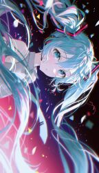 1girl aqua_eyes aqua_hair aqua_necktie bare_shoulders blush commentary_request confetti fymrie grey_shirt hatsune_miku headset highres long_hair looking_at_viewer necktie shirt sideways sleeveless sleeveless_shirt solo twintails upper_body very_long_hair vocaloid