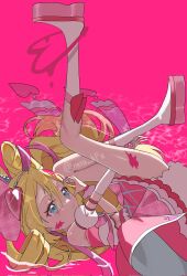 1girl blonde_hair blue_eyes boots bow bow-shaped_hair bracelet bridal_gauntlets clip_studio_paint_(medium) crop_top cross-laced_clothes cross-laced_skirt cure_idol eyelashes footwear_bow frilled_skirt frills hair_between_eyes hair_ornament hair_ribbon hair_spread_out hairband hairclip half-heart_hands hand_on_own_head heart heart_hair_ornament high-waist_skirt highres jewelry kimi_to_idol_precure leg_up looking_at_viewer lying lying_on_water making-of_available midriff miniskirt natadekoko_(nata_hfa) on_back paint_on_body paint_splatter paint_splatter_on_face parted_lips petticoat pink_background pink_bridal_gauntlets pink_ribbon pink_shirt pink_skirt platform_boots precure red_bow ribbon sakura_uta_(precure) shirt skirt solo sparkle strapless strapless_shirt white_boots white_hairband