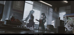 2girls absurdres animal_ears arknights belt black_belt black_coat black_gloves black_hair black_necktie black_shorts boboyo book buttons chinese_commentary closed_mouth coat collared_shirt commentary_request cup electric_fan expressionless gloves grey_eyes grey_hair hair_between_eyes hand_in_pocket highres holding indoors computer_keyboard lappland_(arknights) letterboxed long_hair long_sleeves looking_at_another mug multiple_girls necktie office official_alternate_costume open_clothes open_coat orange_eyes penguin_logistics_logo ponytail profile red_gloves red_shirt shirt shorts sidelocks smile standing table texas_(arknights) texas_(willpower)_(arknights) watch window wolf_ears wolf_girl wristwatch