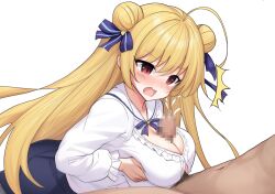 1boy 1girl ^^^ ahoge black_skirt blonde_hair blue_bow blue_bowtie blush bow bowtie breasts breasts_squeezed_together censored cleavage clothed_female_nude_male commentary_request commission cowboy_shot cum double_bun ejaculation erection frilled_sailor_collar frilled_shirt frilled_sleeves frills from_side ghost_villager grabbing_own_breast hair_between_eyes hair_bow hair_bun hamidashi_creative hetero huge_ahoge izumi_hiyori large_breasts long_hair long_sleeves looking_at_penis looking_down male_pubic_hair mosaic_censoring nose_blush nude open_mouth paizuri paizuri_under_clothes penis pixiv_commission pubic_hair red_eyes sailor_collar shirt simple_background skirt solo_focus straight_hair surprised v-shaped_eyebrows variant_set very_long_hair wavy_mouth white_background white_sailor_collar white_shirt