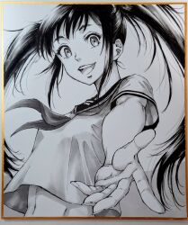 Rule 34 | 1girl, commentary request, crop top, eyelashes, fingernails, from below, greyscale, happy, long hair, looking at viewer, makomako1061, midriff, monochrome, navel, neckerchief, open mouth, original, palms, pen (medium), photo (medium), reaching, reaching towards viewer, sailor collar, sailor shirt, school uniform, shikishi, shirt, short sleeves, sidelocks, smile, solo, teeth, traditional media, twintails, upper teeth only