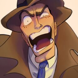 1boy black_eyes blue_necktie brown_hair brown_hat cleft_chin coat commentary fedora hat high_collar highres looking_at_viewer lupin_iii male_focus necktie open_mouth shirt short_hair simple_background solo teeth white_shirt zenigata_kouichi zoetheduck