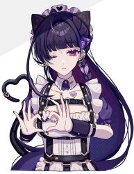 Rule 34 | 1girl, ;&lt;, ahoge, animal ears, apron, barbell piercing, black hair, black nails, blunt bangs, braid, breasts, cat ears, cat tail, chest harness, chest tattoo, closed mouth, collarbone, commentary request, detached collar, dress, ear piercing, earrings, eyelashes, fake animal ears, fake tail, fingernails, frilled apron, frilled sleeves, frills, gold earrings, hair intakes, half up braid, hands up, harness, heart, heart hands, highres, industrial piercing, jewelry, large breasts, linked piercing, long fingernails, long hair, looking at viewer, maid, maid apron, maid headdress, meloco kyoran, meloco kyoran (2nd costume), multicolored hair, nail polish, nijisanji, nijisanji en, official alternate costume, official alternate hairstyle, one eye closed, piercing, ponytail, puffy short sleeves, puffy sleeves, purple dress, purple eyes, purple hair, sekka (sekka1202), short sleeves, simple background, solo, streaked hair, tail, tattoo, very long hair, virtual youtuber, white apron, white background, wing collar, wrist cuffs