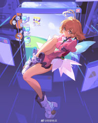 1girl absurdres antenna_hair boots bravo233 brown_eyes brown_hair closed_mouth computer corrector_i.r. corrector_yui curly_hair digital_media_player gem gloves highres kasuga_yui legs_up looking_at_viewer magical_girl microsoft_windows pink_shirt shirt short_hair sitting skirt solo translation_request vaporwave white_boots white_gloves windows_xp wings