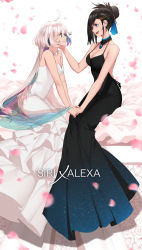 2girls ahoge alexa black_dress black_hair black_vs_white blue_eyes breasts character_name cleavage dishwasher1910 dress english_text female_focus hair_ornament hair_ribbon hair_stick hand_on_another&#039;s_chin highres holding_hands humanization jewelry large_breasts long_hair medium_breasts multicolored_hair multiple_girls necklace original ribbon short_hair siri smile touching_another&#039;s_chin wedding white_dress white_hair wife_and_wife yuri