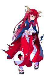 1girl black_sandals blue_cloak blunt_bangs blush breasts cloak closed_eyes closed_mouth commentary_request dairi full_body highres holding_own_arm horns large_variant_set long_hair long_sleeves red_hair red_skirt sandals shingyoku_(female) shingyoku_(touhou) shirt simple_background skirt smile socks solo standing sweatdrop tachi-e torn_cloak torn_clothes torn_shirt torn_skirt touhou touhou_(pc-98) transparent_background variant_set white_shirt white_socks