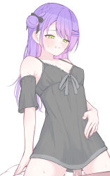 1boy 1girl babydoll black_babydoll blush bow braid breasts covered_erect_nipples detached_sleeves fingernails green_eyes hair_behind_ear hair_ornament hair_ribbon hand_on_own_stomach hololive long_hair omiyatei penis purple_hair pussy_juice ribbon sex sleepwear small_breasts straddling sweat sweatdrop tokoyami_towa virtual_youtuber