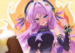 Rule 34 | 1girl, anger vein, armlet, bare shoulders, blue eyes, blush, bracelet, braid, breasts, citlali (genshin impact), clenched hand, commentary, facial mark, forehead mark, genshin impact, hair intakes, jewelry, medium breasts, pattikou, pink hair, ring hair ornament, solo, twin braids, upper body