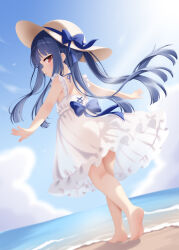 1girl :o back_bow barefoot beach blue_bow blue_hair bow commentary_request dress dress_bow feet floating_hair from_behind full_body hat hat_bow highres hosizora_mikoto idolmaster idolmaster_cinderella_girls long_hair looking_at_viewer open_mouth outdoors outstretched_arms red_eyes sajo_yukimi sand sleeveless sleeveless_dress soles solo spread_arms standing sun_hat sundress twintails very_long_hair white_dress yellow_hat
