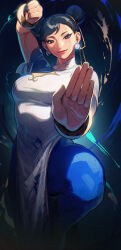 Rule 34 | 1girl, absurdres, bracelet, breasts, capcom, china dress, chinese clothes, chun-li, clenched hand, commentary, double bun, dress, earrings, english commentary, gootai, hair bun, highres, jewelry, pearl earrings, red nails, short hair, solo, standing, standing on one leg, street fighter, street fighter 6