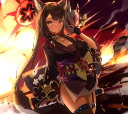 1girl absurdres animal_ear_fluff animal_ears black_flower black_gloves black_hair black_kimono black_nails black_sailor_collar blue_archive blush explosion explosion_background fingerless_gloves floral_print floral_print_kimono flower fox_ears fox_girl fox_mask fox_tail gloves gun hair_flower hair_ornament highres holding holding_gun holding_mask holding_weapon japanese_clothes kimono looking_at_viewer mask obi print_kimono purple_sash rifle sailor_collar sash single_thighhigh skirt tail thigh_strap thighhighs vam wakamo_(blue_archive) weapon white_skirt yellow_eyes