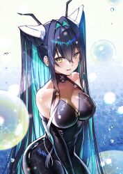 1girl absurdres aqua_hair armpit_cutout black_bodysuit black_hair bodysuit breasts bubble cleavage clothing_cutout colored_inner_hair goddess_of_victory:_nikke hair_intakes highres jin_young-in large_breasts little_mermaid_(nikke) multicolored_hair see-through_bodysuit see-through_cleavage see-through_clothes solo yellow_eyes